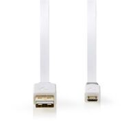 Nedis USB-Kabel / USB 2.0 / USB-A Stecker / USB Micro-B Stecker / 480 Mbps / Vergoldet / 1.00 m / Flach / PVC / Weiss / Plastikbeutel