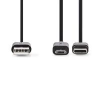 Nedis 2 in 1-Kabel / USB 2.0 / USB-A Stecker / USB Micro-B Stecker / USB-C™ Stecker / 480 Mbps / 1.00 m / Vernickelt / Rund / PVC / Schwarz / Blister