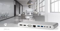 Nedis USB Dockingstation / USB 3.2 Gen 1 / USB-C™ Stecker / DisplayPort Buchse / HDMI™ Ausgang / RJ45 Buchse / VGA Buchse / 2x 3.5 mm Buchse / 2x USB-C™ / 4x USB-A / 0.20 m / Rund / Vernickelt / Geflochten / Nylon / Weiss / Verpackung mit Sichtfenste