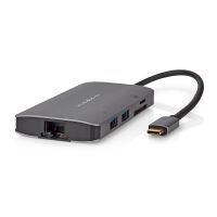 Nedis USB Multi-Port-Adapter / USB 3.2 Gen 1 / USB-C™ Stecker / HDMI™ Ausgang / Micro SD / RJ45 Buchse / SD / USB-C™ Buchse / 3x USB-A Buchse / 5 Gbps / 0.20 m / Rund / Vergoldet / PVC / Anthrazit / Box