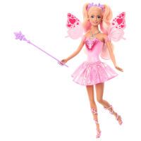 Mattel Barbie Fantasy Feenpuppe mit Farbwechsel-Flügeln und -Outfit, Spielzeugzauberstab mit Schwamm