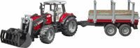 Bruder 02046 Massey Ferguson 7480 mit Frontlader und Holztransportanhänger und 3 Baumstämmen