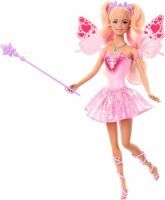 Mattel Barbie Fantasy Feenpuppe mit Farbwechsel-Flügeln und -Outfit, Spielzeugzauberstab mit Schwamm