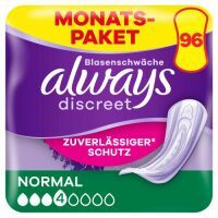 Always Discreet Inkontinenz-Einlagen Normal Monatspaket bei Blasenschwäche, 96 Einlagen (4 Packungen x 24 Stück)