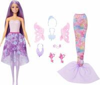 Mattel Barbie-Puppe Fantasie-Modeset mit Accessoires inklusive Meerjungfrauen-Schwanzflosse, Feenflü